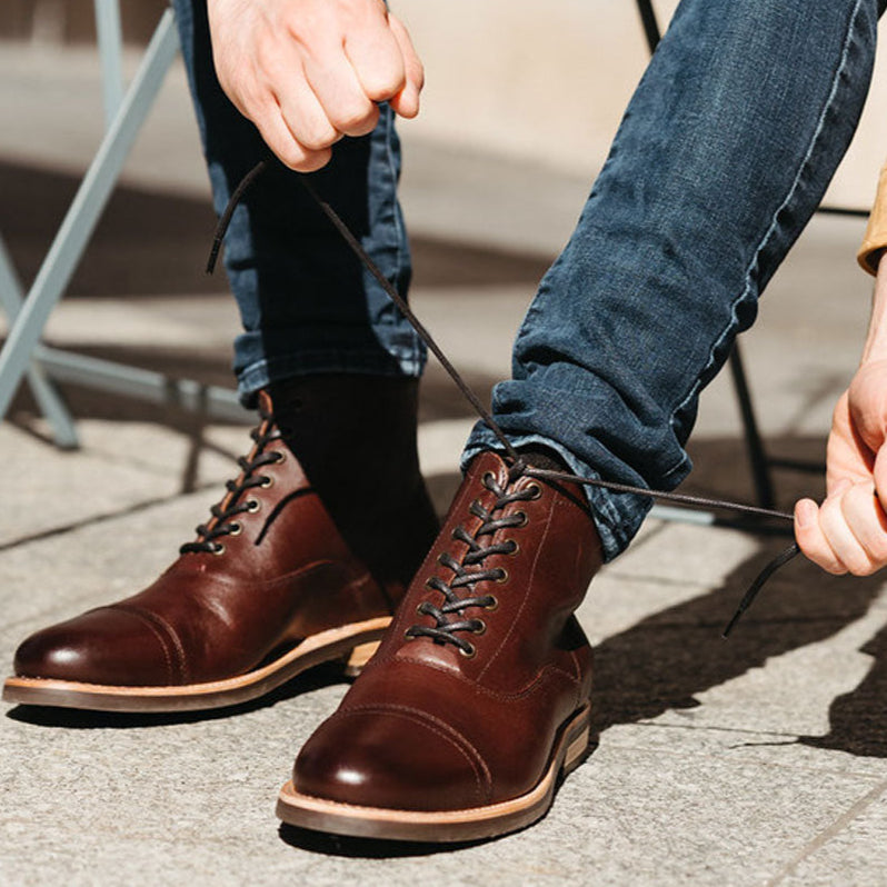 The Commander Cap Toe Lace Up Leather Boots A1002 in Brown With Jeans  - Andres Handcrafted Boots