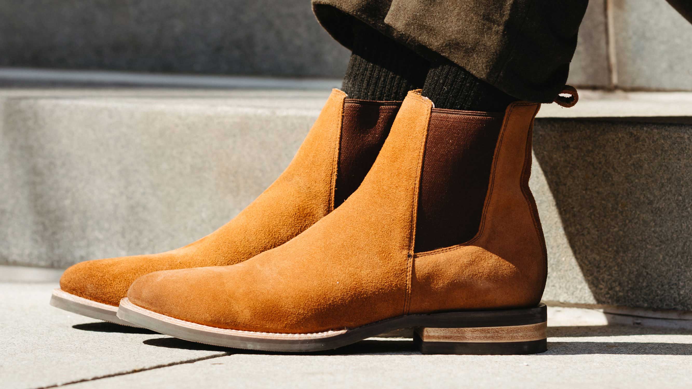 Tan Suede Leather chelsea boots in the city