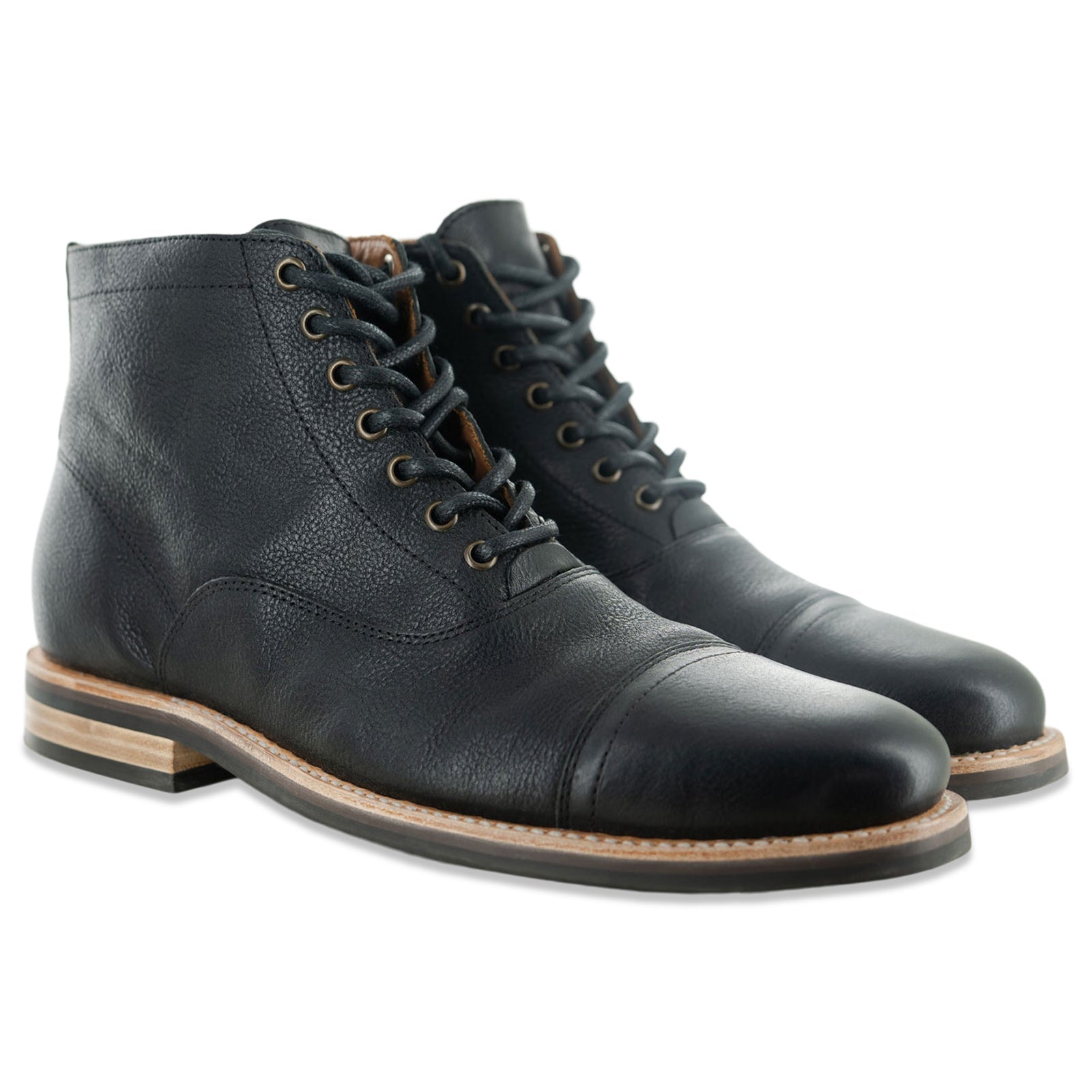 The Commander Cap Toe Lace Up Boot in Riviera Black Leather - Andres Handcrafted Boots